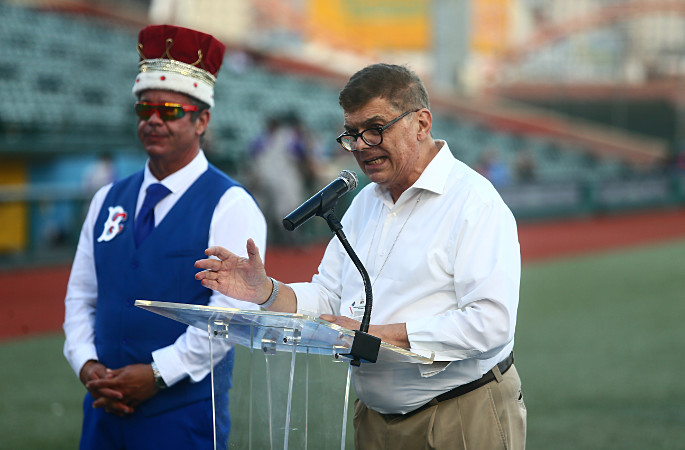 Ed Randall talking prostate cancer awareness at a Brooklyn Cyclones game