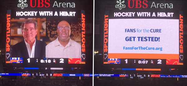 Big screens at UBS Arena showing Fans for the Cure messaging