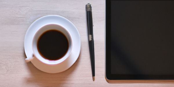 A cup of coffee sitting on a desk next to a notebook and a tablet