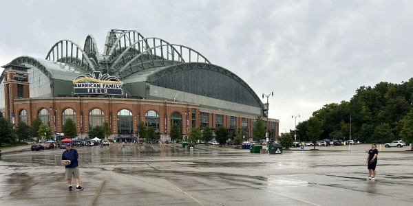 A game of catch outside the Brewers' stadium in Milwaukee.
